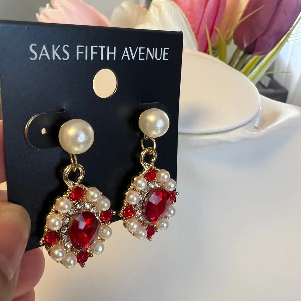 Saks Fifth Avenue Faux Pearl and Red Crystal Earrings - Picture 4 of 5